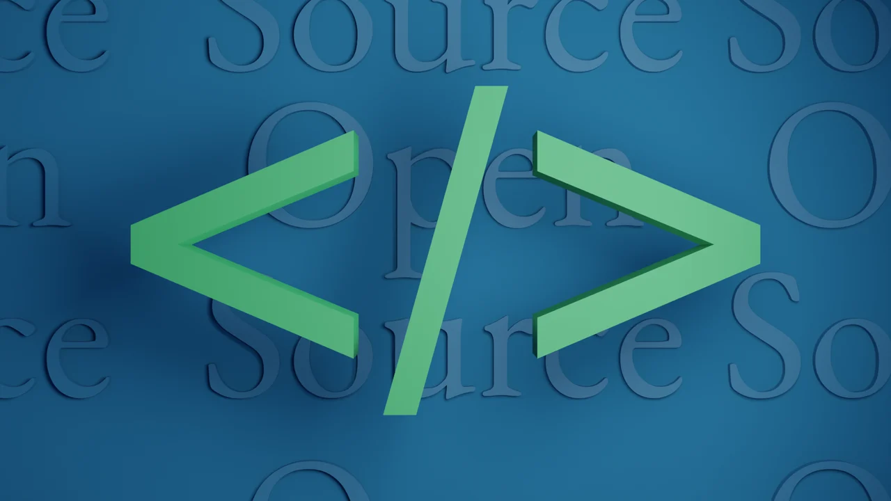 Green code symbol on a blue background labeled Open Source