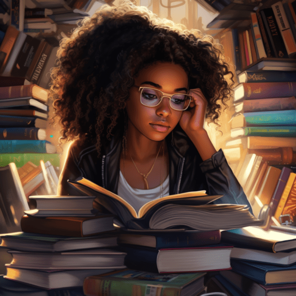 student, surrounded by books, carefully studying and deep in thought.